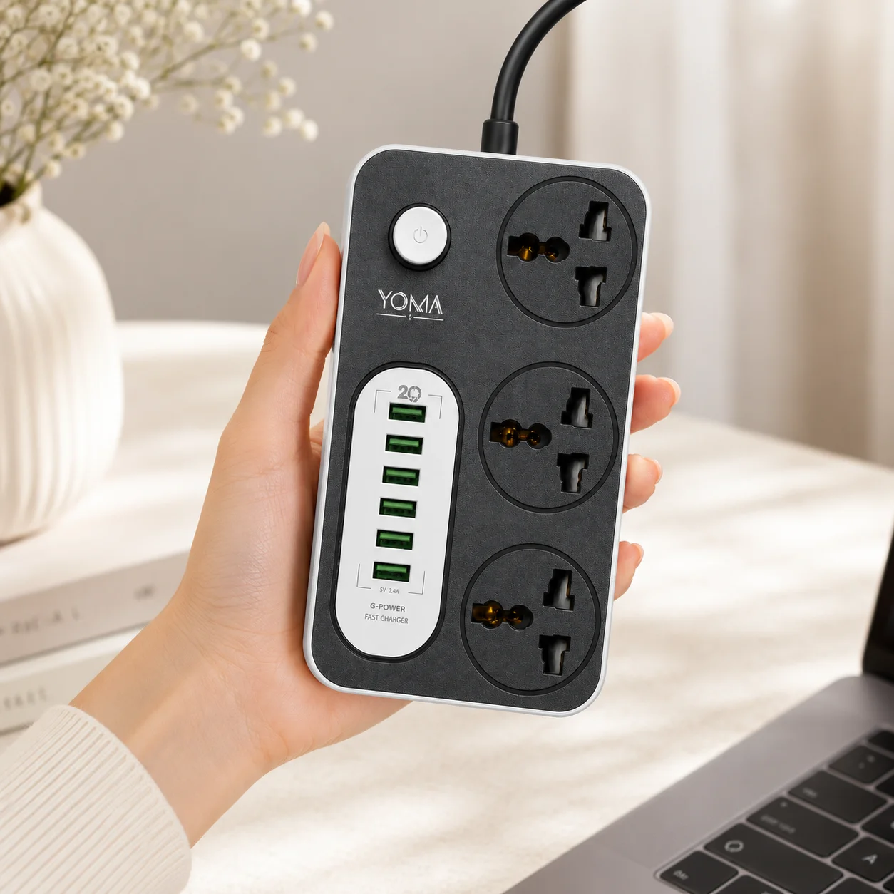 مشترك يوما 6A USB - فيشة ثلاثية - أبيض - 2 متر - صورة 2