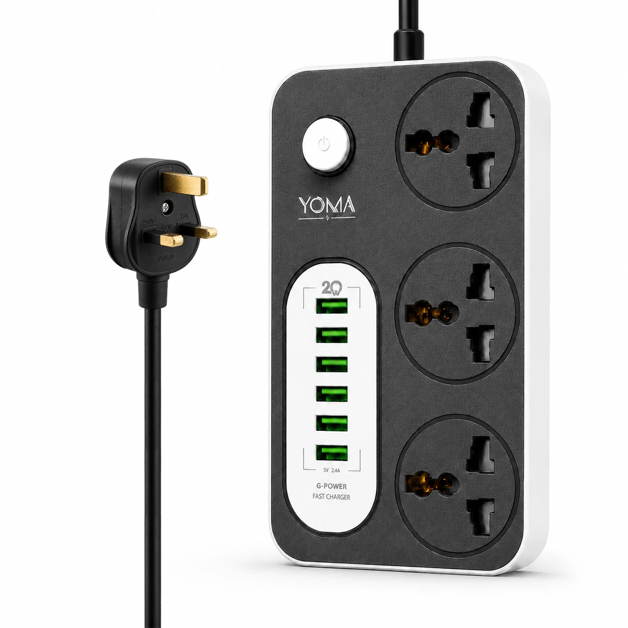 مشترك يوما 6A USB - فيشة ثلاثية - أبيض - 2 متر
